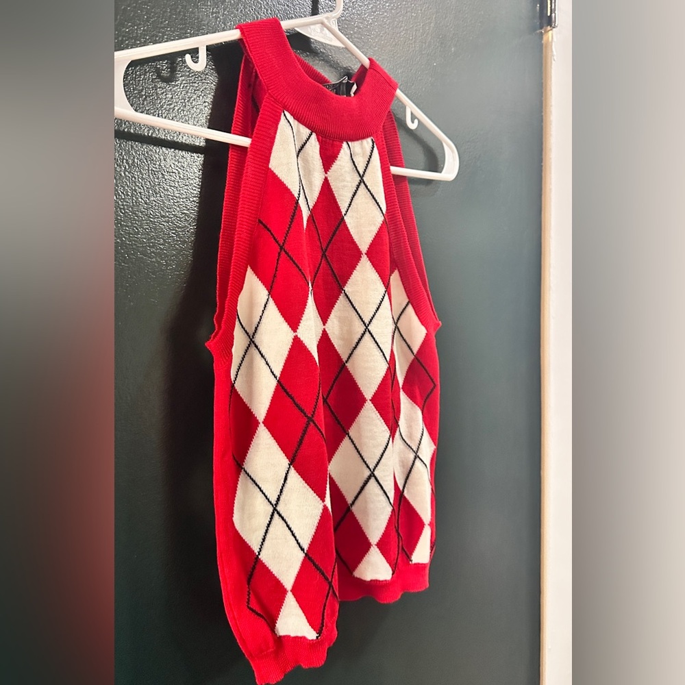 MSGM Red and Cream Argyle Halter Knit Tank - Picture 6 of 12